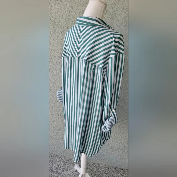 Jane and Delancey Green and White Striped Shirt - Picture 3 of 8